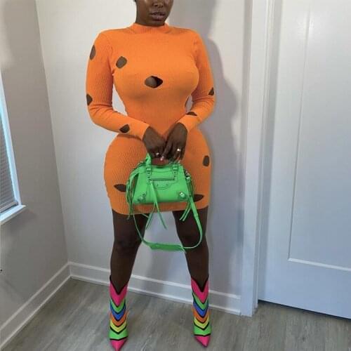 Women Mini Dresses Round Neck Solid Color Knitted Hole Long Sleeve Bodycon Sexy Birthday Outfits Summer