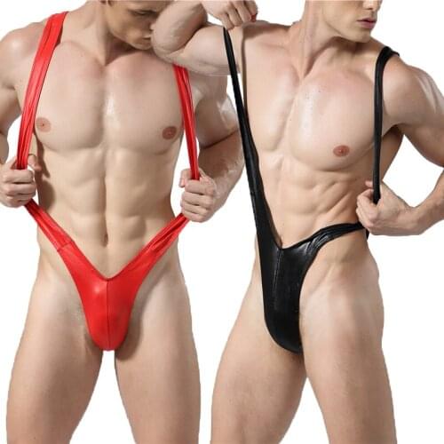 1/2PCS Sexy Men Jumpsuit PU Leather Wrestling Singlet Leotard T-back Exotic Underwear Undershirts One-Piece Borat Bodysuits