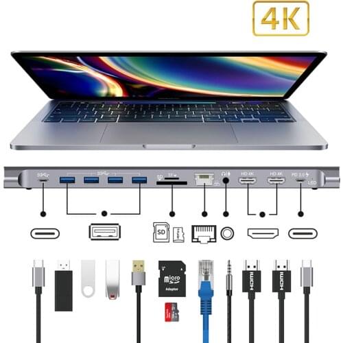 12in1 Type-c Multiport Docking Station Dual HDMI-Compatible VGA Audio TF/SD Ethernet PD USB C HUB For Laptop Macbook