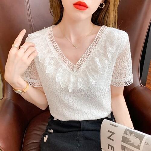 Blusas Female Shirts 2021 Summer Lace White Shirt Womens Short-sleeved V-neck Hollow Ladies Tops Black Dropshipping Casual 0651