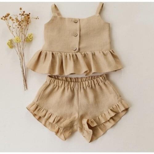 Summer Cute Newborn Baby Girl 2Pcs Clothes Sets Fashion Triple Layers Ruffles Lace Strap Shirts Blouse +Kids Bloomer Shorts