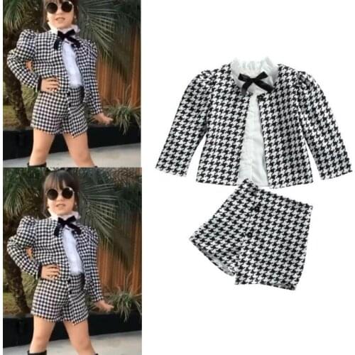 Boiiwant 1-7Y Fashion Autumn Winter Baby Girl Clothes Black Houndstooth Printed Pattern Cardigan Shorts and White Shirt for Girl