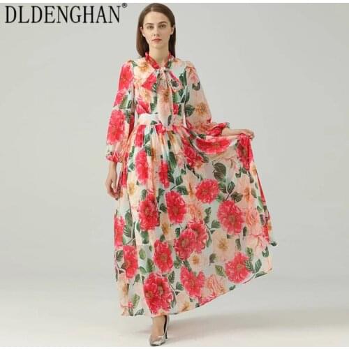 DLDENGHAN Designer Floral Print Bohemian Chiffon Dress For Women Bow Collar Lantern Sleeve High Waist Maxi Dresses Summer New