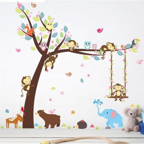 Jungle Wild Forest Animals Elephant Monkey Tree wall stickers for kids room Children Wall Decal Nursery Bedroom Decor Mural