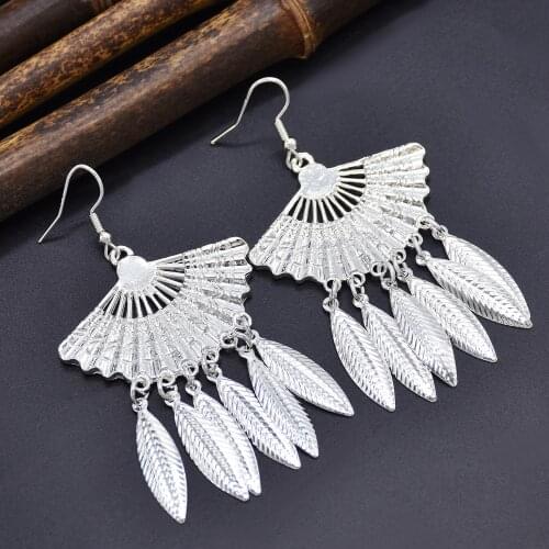 Classic Womens Silver Color Metal Earrings Bijoux Vintage Bohemia Fan Leaf Tassel Drop Earrings Ethnic Tribe Indian Jewelry