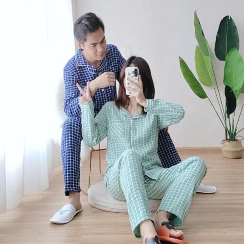 Lovers Plaid Pajamas Casual Long Sleeve Pants Pijamas Two Piece Lapel Cardigan Loose Home Wear Women Cotton Crepe Sleepwear Men
