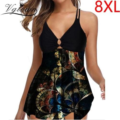 Plus Size 8XL Print Tankini Sexy Swimsuit Women Push-Up 2020 New Beach Bikini Set Split Swimwear Summer Padded Pleated Bandage