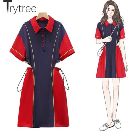 Trytree Summer Women Dress Casual Turn-down Collar Panelled Colours Hollow Out Waist Drawstring Streetwear A-line Mini Dress