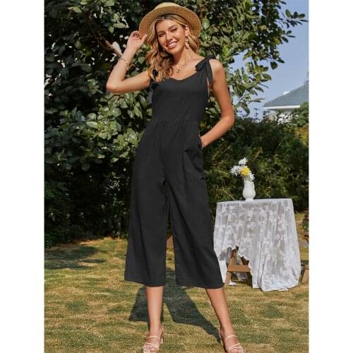 Summer Women Cotton Linen Jumpsuits New Style Bow Tie Solid Colour Jumpsuit Romper Womens Casual Vacation Overall 2021