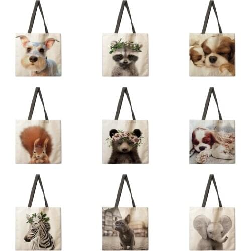 Animal print digital printed linen ladies handbag shoulder bag shopping bag tote bag