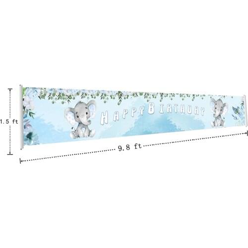 Boy Happy Birthday Party Banners Pastel Cute Elephant Party Banners Blue Flowers Background Banner Poster Signs With Grommets