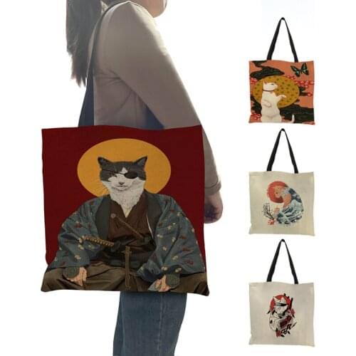 Fashion Branded Handbags Women Designer Totes Japanese Ninja Warrior Cat Print Eco Reusbale Shopping Shoulder Bags Foldable