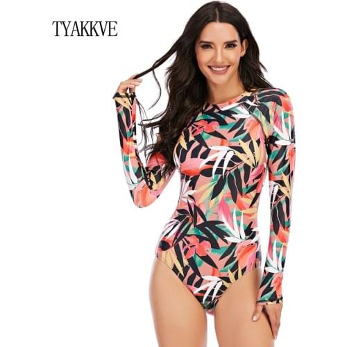 2020 New Long Sleeve Swimsuit One Piece Print Surf Swimwear Women Zip Up Bodysuit Swim Suits Sport Beach Wear Monokini XXL