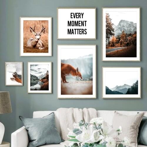 Nordic Autumn Landscape Posters And Prints Mountain Lake Forest Animal Wall Art Canvas Painting Decor Pictures For Living Room