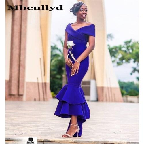 Mbcullyd Royal Blue Mermaid Bridesmaid Dresses 2020 Sexy Off Shoulder African Women Formal Party Dress Hi-Low Wedding Guest Gown