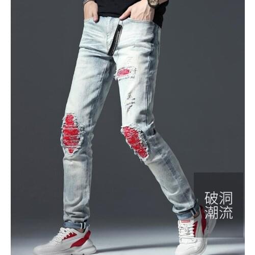 Ripped Mens Skinny Biker Denim Jeans Blue Fashion Frayed Distressed Patches Hip Hop Stretch Slim Trousers Size 29-40
