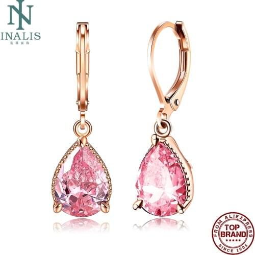 INALIS Drop Earrings For Women Sweet Romantic Female Earring Inlay Pink Water Drop Clear Zircon Festival Gift Fashion Jewelry