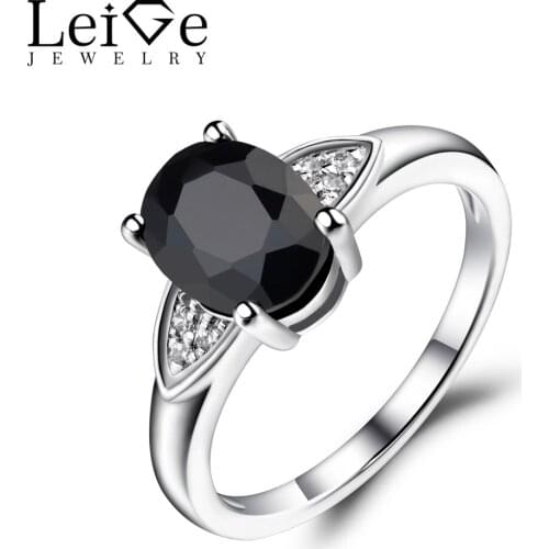 Leige Jewelry Natural Black Spinel Ring Black Gemstone Oval Shaped Wedding Engagement Rings for Women Sterling Silver 925
