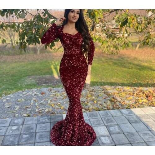 Vintage Long Sleeve Burgundy Sweetheart Prom Dresses Mermaid Zipper Back Sequined Robe De Soiree Formal Party Gown