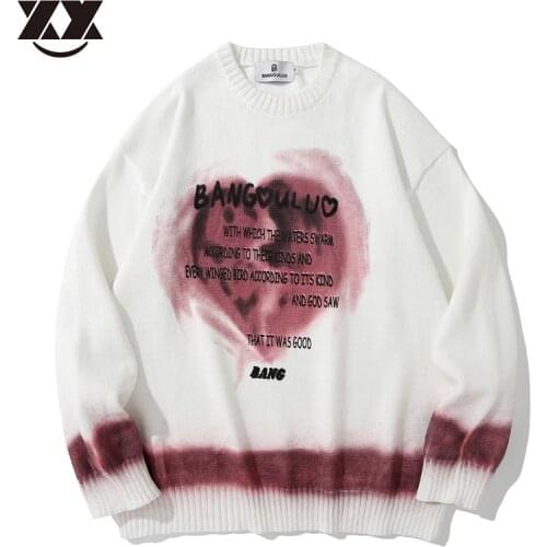 Heart Letter Printed Knitted Sweaters Men Women Repair Design Harajuku Hip Hop Streetwear Pullover Male Campus Sweater Unisex