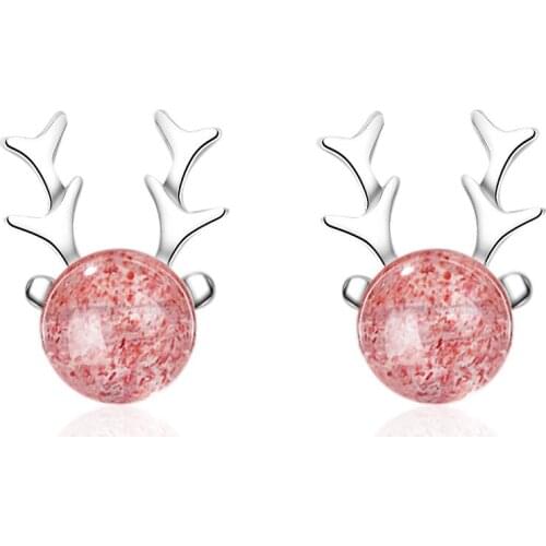 WANGAIYAO antler earrings female small fresh strawberry crystal sweet girl heart pink crystal earrings