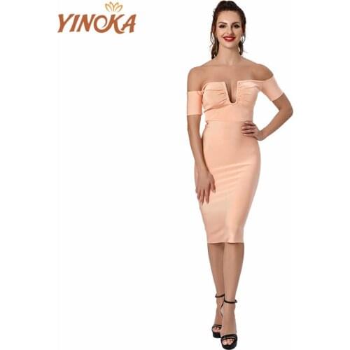 Yinoka Sexy women bandage dress off shoulder orange elegant knee length lady bodydon skinny celebrity party evening night wear