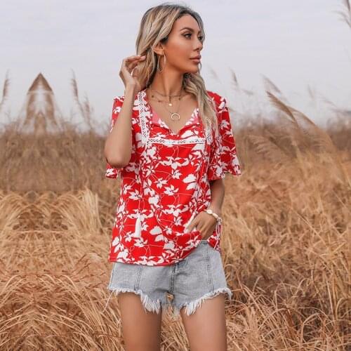 2021 New Fashion Loose Summer Chiffon Blouse Women Lace up V-Neck Short Sleeve Tops Casual Ladies Print Blouse Shirt