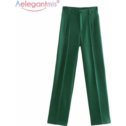 Aelegantmis Office Lady Straight Pants Women Vintage Casual High Waisted Trousers Female Elegant Korea Green Wide Leg Pants 2021