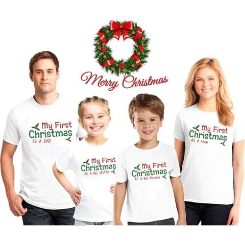Funny Family Matching Christmas Tshirt Mommy Daddy Kids Short Sleeve T Shirt Clothes 1pc First Christmas As Mom Dad T-shirt