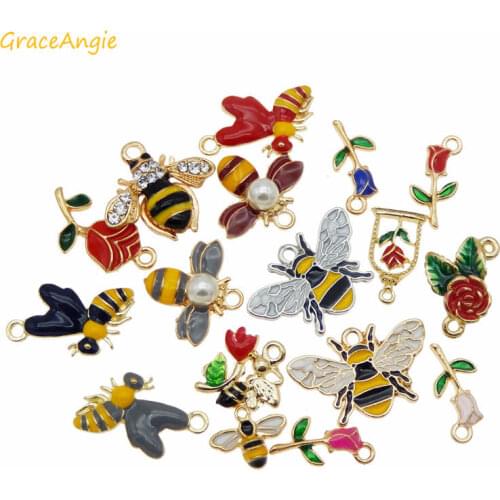 Wholesale 15pcs Cute Bee Rose Flower Enamel Charms Gold Tone Mixed Shape Pendants For Women Earrings Bracelet Making Findings