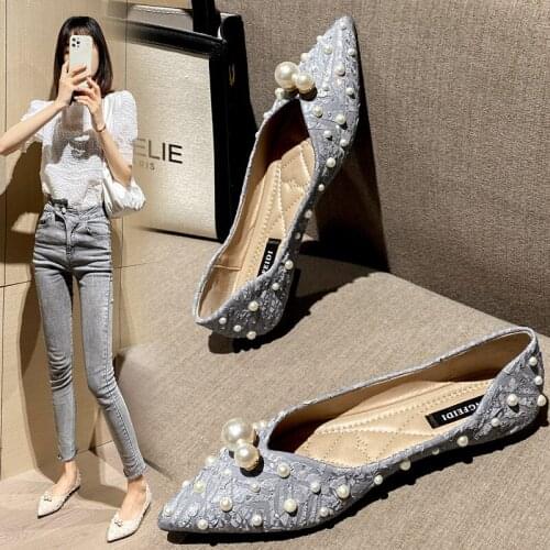 2021 Luxury String bead flats woman ballerina sneaker shoes women pointed toe pearl loafers soft bottom moccasins big size 42/43