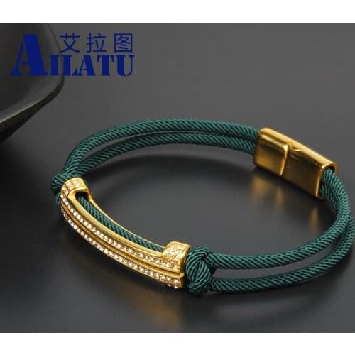 Long Stainless Steel Bar Buckle Bracelet with Green String Braided Mens Jewelry Birthday Gift Customized Logo Printing