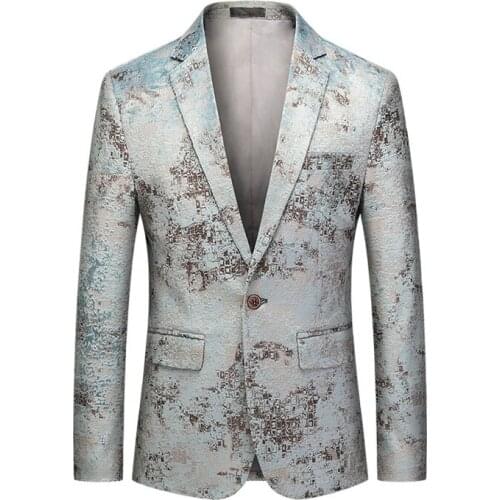Landscape Chinese Style Men Flowers Casual Slim Fit One Button Blazer Man Stylish Stage Wedding Dress Male Blazers 901