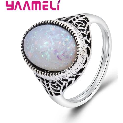 Bohemia Retro Style 100% 925 Sterling Silver Tibetan Rings Vintage Punk Opal White Green Stone Hollow Ring For Women/Men