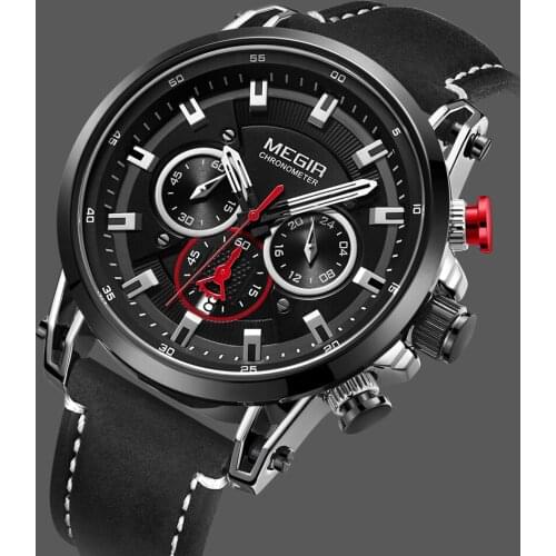 Fashion Brand Megir Mens Watch Chronograph Quartz Watches Man Leather Strap Clock Sport Army Date Wristwatch Relogios Masculino