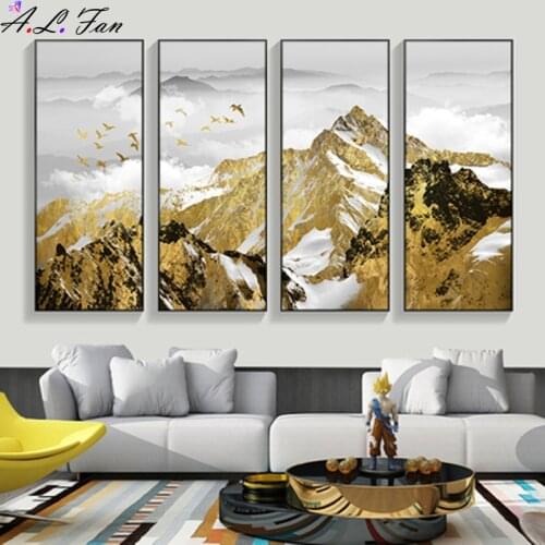 Snow Mountain Bird Decoration Painting Chinese Style Modern Minimalist Quadruple Living Room Decoration Painting Light Luxury