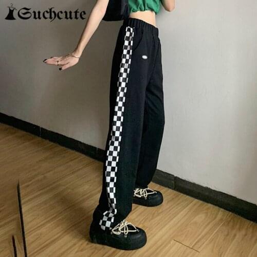 SUCHCUTE Gothic Black White Plaid Pants Women Harajku Streetwear Casual Tie Feet Elasticity Trousers Dark Academia Girl Pants