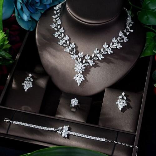 HIBRIDE Super Luxury Leaf Leaves Full AAA Cubic Zirconia Women Wedding Dress Necklace Earring Jewelry Sets Bijoux Femme N-1143
