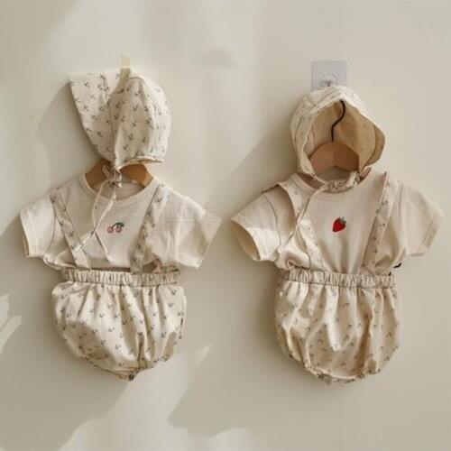 Newborn Baby Girls Clothing Sets Korean Style Summer New Cherry Strawberry Printed Cotton T-shirts Rompers Toddler Kids Suits