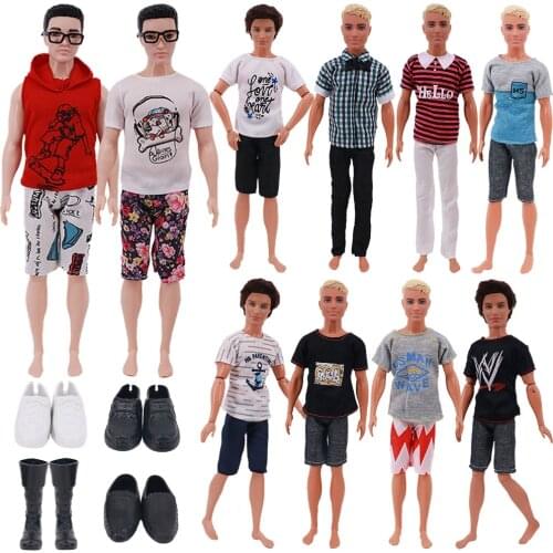 6 Set/Pack 2 Handmade Mens Doll Outfit Pants T-shirt Casual Daily Wear 4 Shoes Slippers Clothes for Barbie Doll Ken Accessories