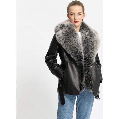 Autumn Winter High Street Women Belted Slim Genuine Sheepskin Leather Jacket With Big Fox Fur Collar MJF-LJ-03