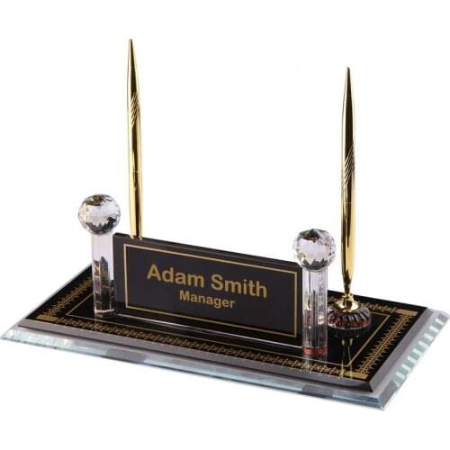Crystal Glass Desk Name Plate and Pen Desk Stand Set - Personalized Name Plate, Crystal Clock, Custom Engraved Awards, Teachers