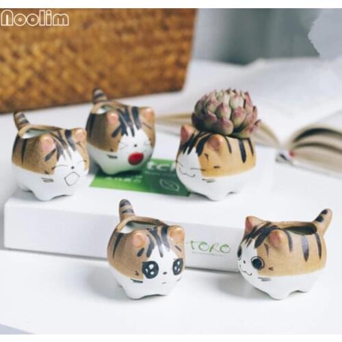 NOOLIM 1Pcs Cute Cat Flower Pots White Ceramic Cartoon Pastoral Succulent Planter Pot Home Office Garden Decoration