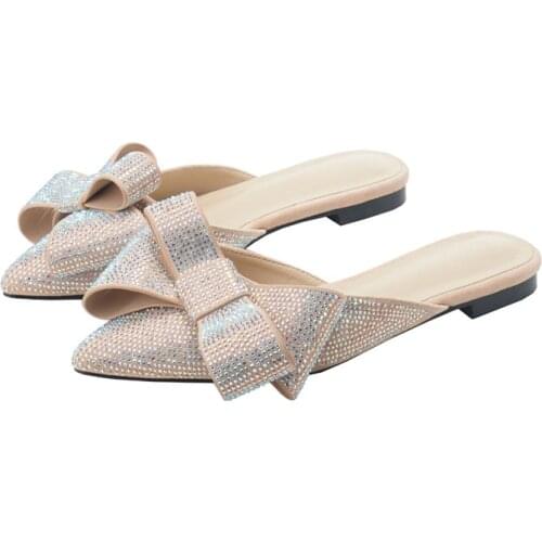 Pointed Baotou Half Slippers Womens Summer 2021 New Fashion Rhinestone Bow Lazy Flat Bottom Sandals Womens Shoes