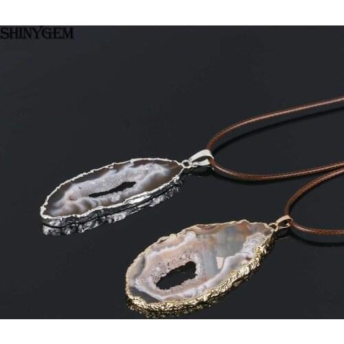 ShinyGem Gold/Silver Color Irregular Brown White Brazil Agates Slice Pendant Necklace Handmade Coffee Leather Necklace For Women