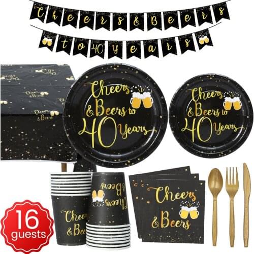 40th Cheers Beers Birthday Party Supplies Black Gold Tablewares Plates Napkins Dinnerware Mugs Graduation Wedding Decoration