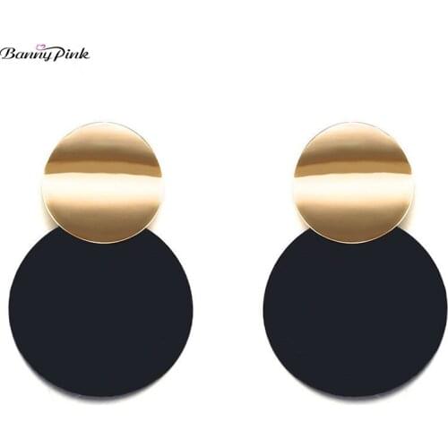 Banny Pink New Fashion Special Smooth Round Metal Black Stud Earrings Chic Geometric Glossy Round Statement Earrings For Women