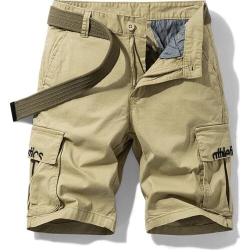 Letters Embroidery Summer Cargo Shrot Men Casual Loose Straight Knee Length Cotton Mens Overalls Multi-pockets Short Homme