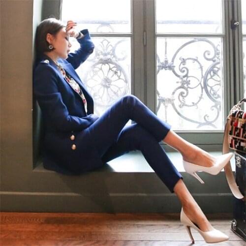 Blue womens jacket autumn and winter new temperament OL fashion slim slimming small suit waist casual trousers two-piece AL1904