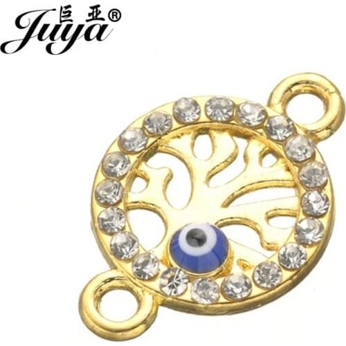 JUYA DIY Jewelry Making 21x14mm 15pcs High Quality Gold Blue Evil Eyes tree of life Rhinestone Charms connector AE0033